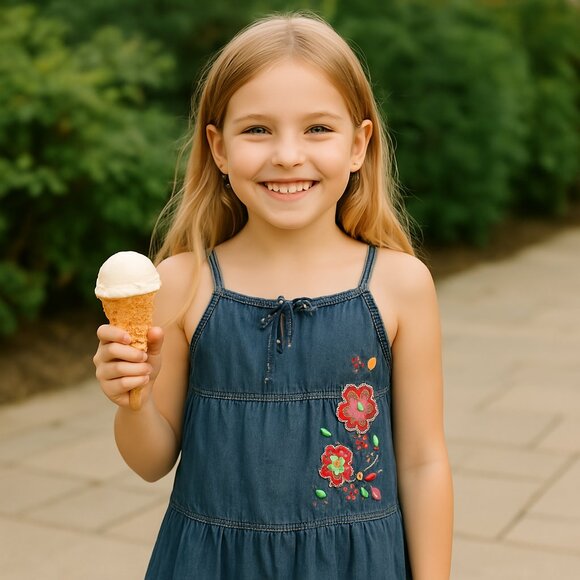 Lullah Bette Girls Denim appliqued country core Dress Size Small 4/5 - Picture 2 of 6